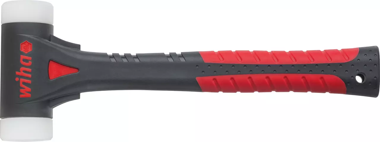 Black and red dead-blow hammer with a rubber grip and white striking faces.