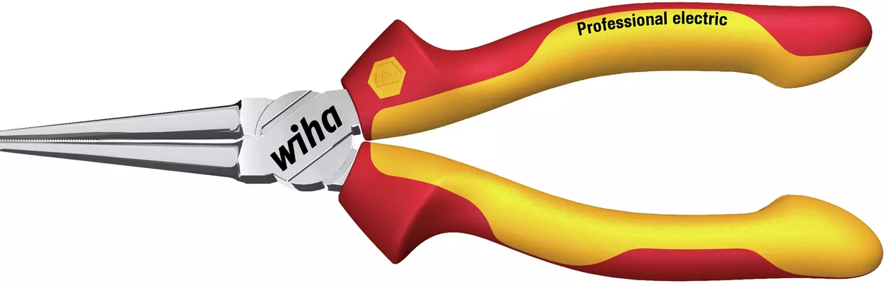 Long-nose pliers with red and yellow insulated handles.