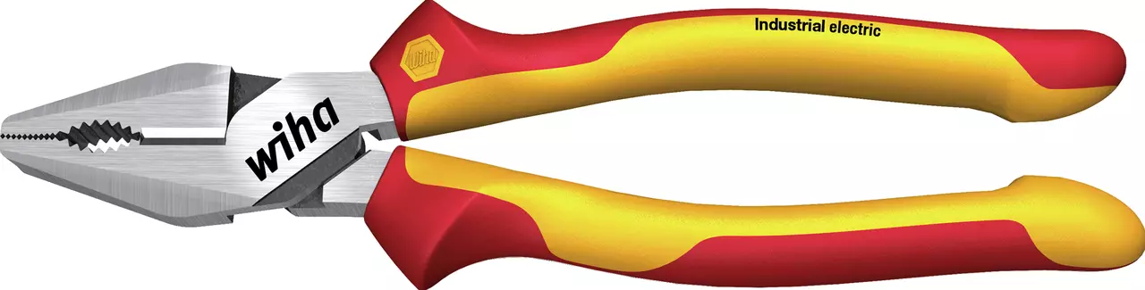 Industrial electric combination pliers with red and yellow handles.