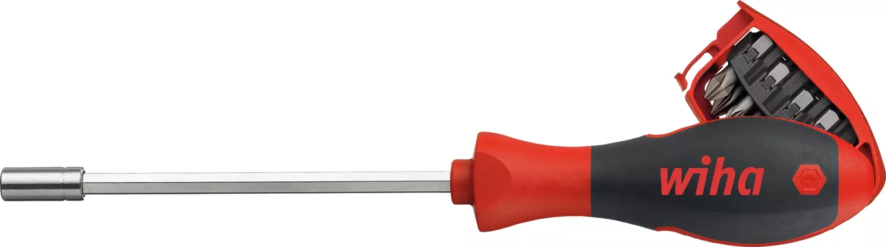 Screwdriver with red and black handle and integrated bit holder.