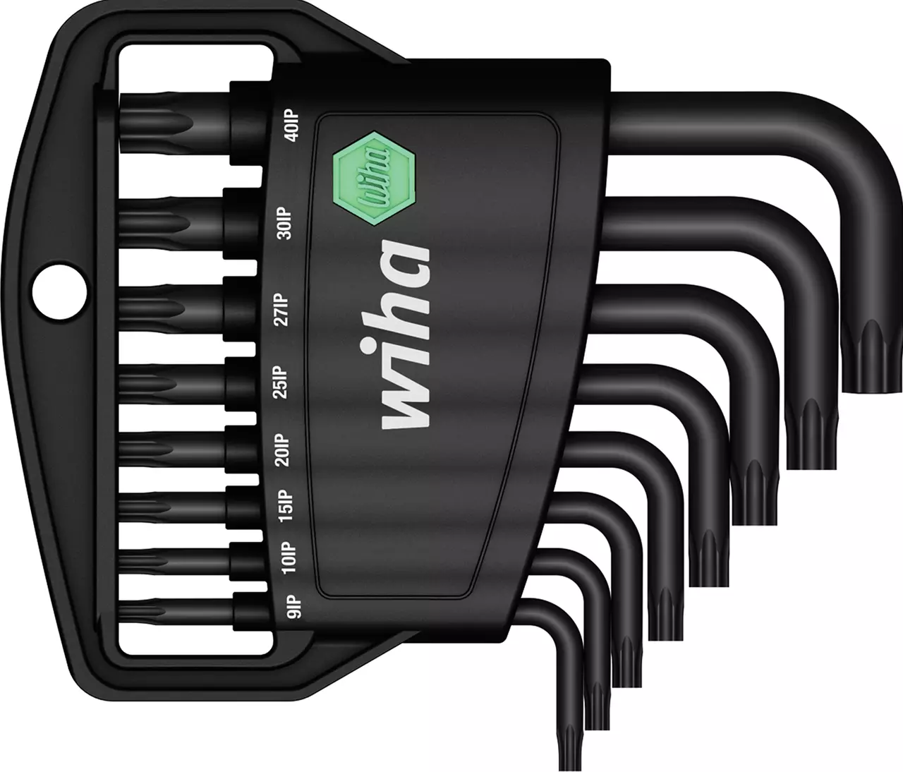 Set of L-shaped hex keys in a black holder labeled with sizes