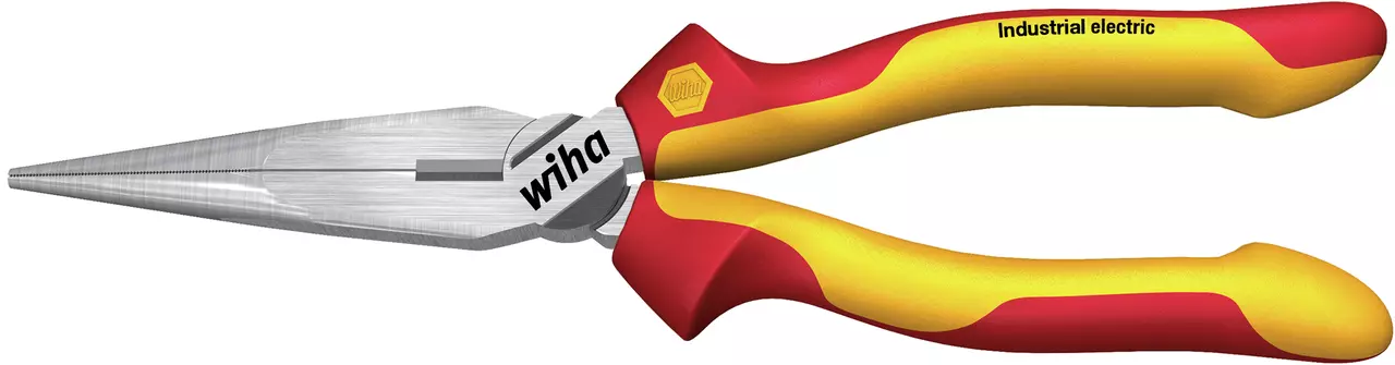 Red and yellow flat round pliers with insulated handles and metal jaws.