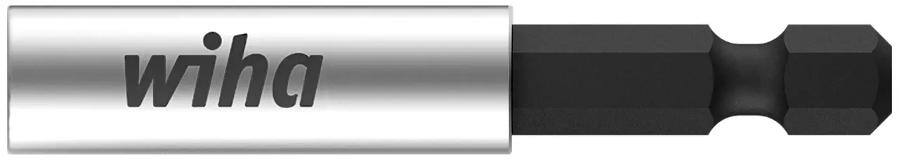 Magnetic bit holder with a silver and black finish.