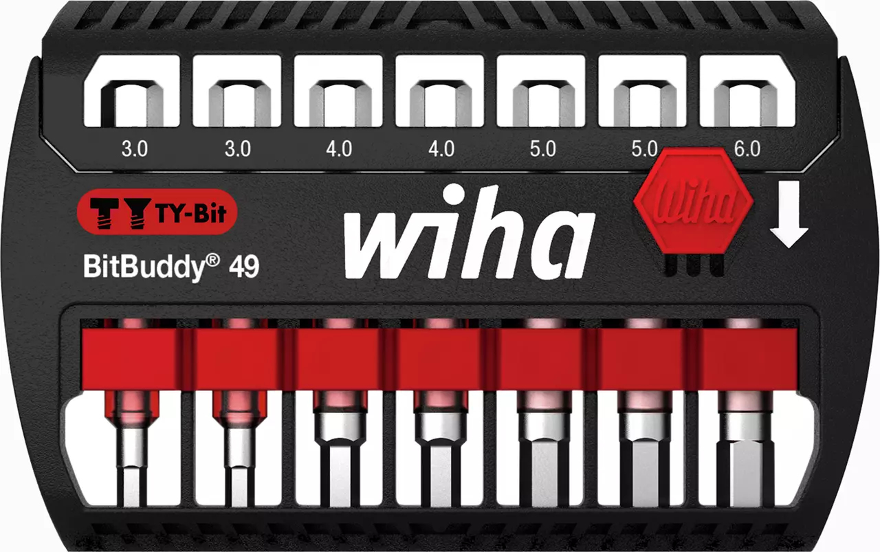 Black and red bit holder labeled "BitBuddy 49" with various bit sizes.