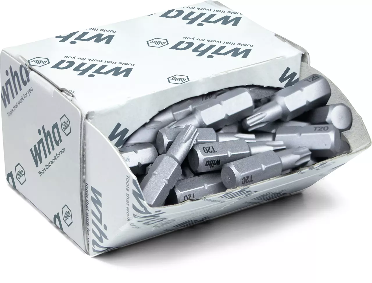 Open box of silver screwdriver bits labeled T20.