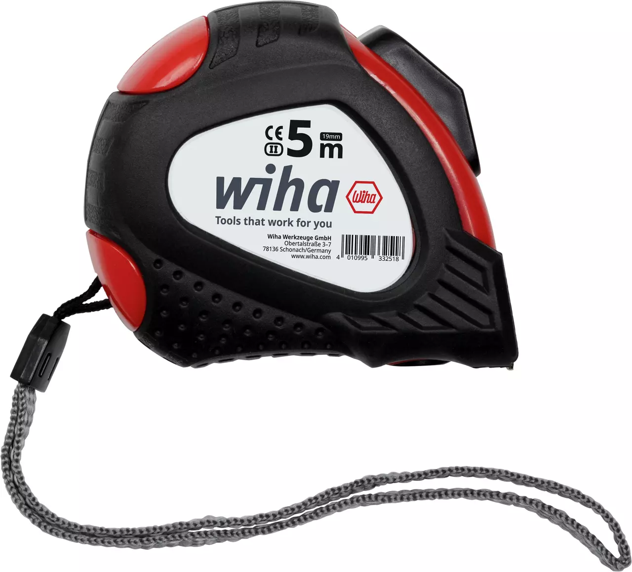 Black and red measuring tape with a 5-meter label and wrist strap.