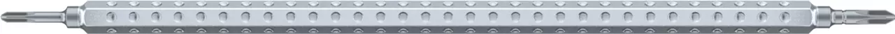 Interchangeable screwdriver bit with textured metal handle, universal ends.