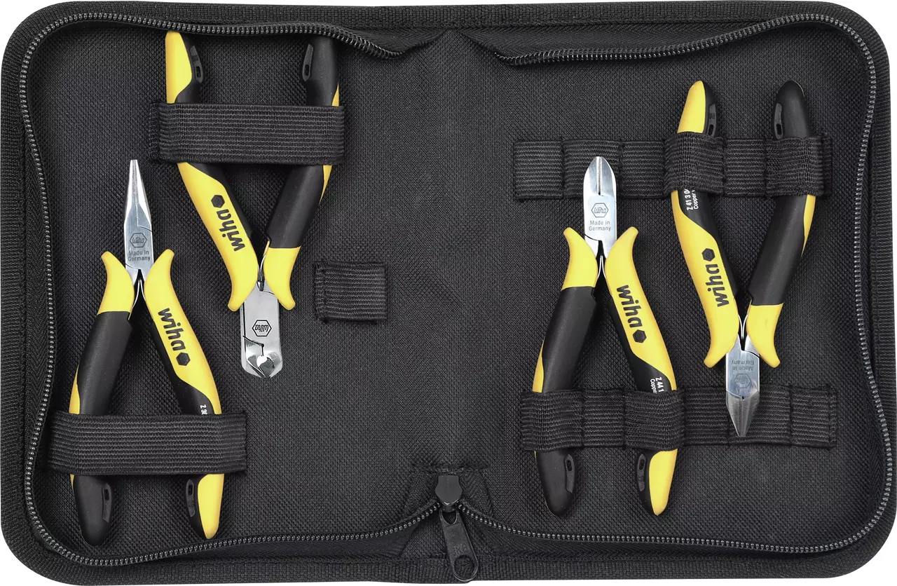 Set of six yellow and black pliers in a black zippered case.