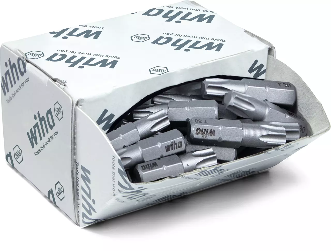 Open box containing multiple gray screwdriver bits