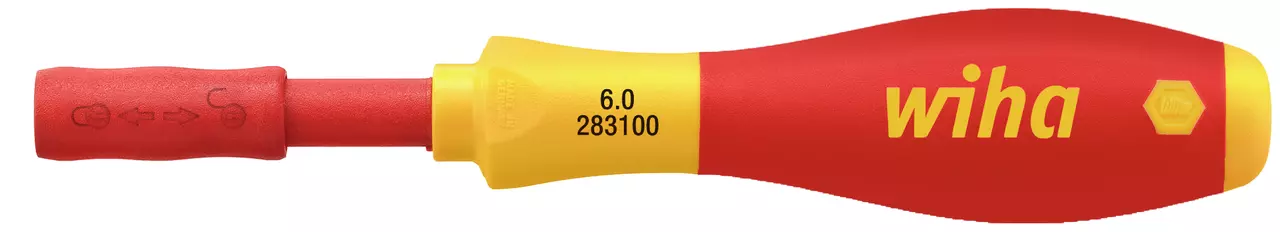 Red and yellow screwdriver handle with brand logo and model number.