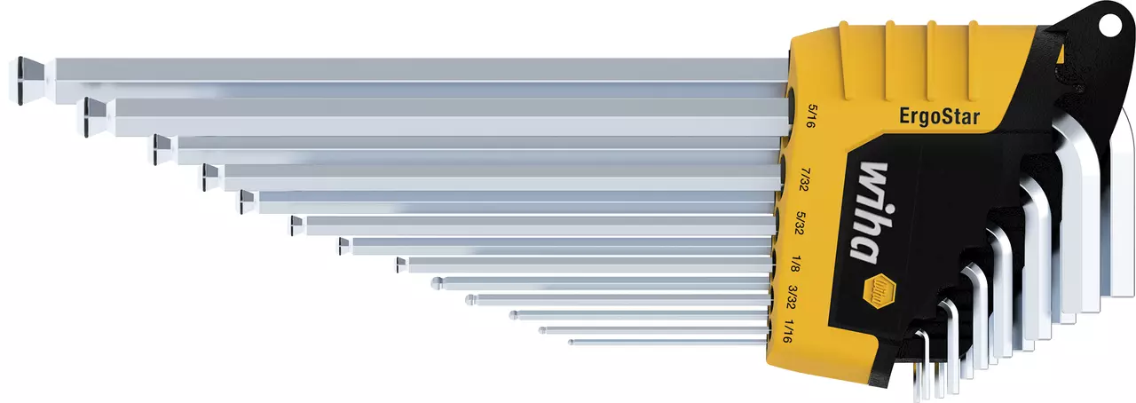 Hex key set with yellow and black holder, featuring multiple sizes arranged in a fan shape.