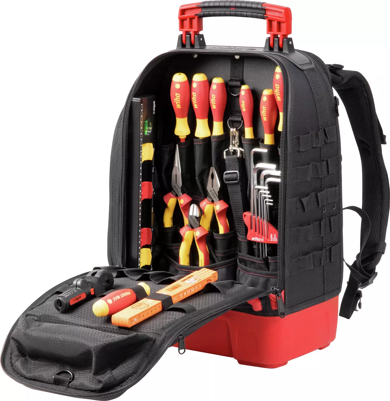 Tool backpack with assorted hand tools, including pliers, screwdrivers, and hex keys, in a black and red case.