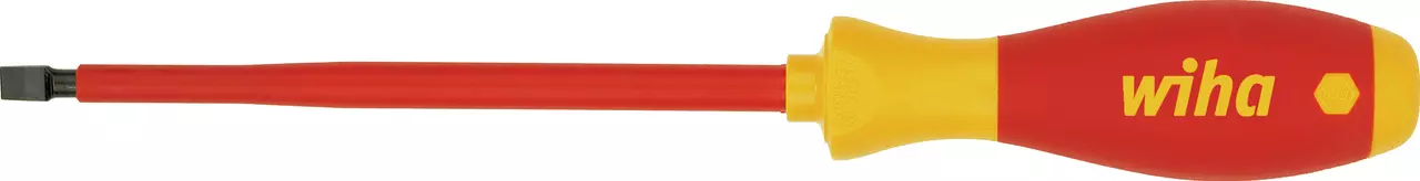 Red and yellow insulated slotted screwdriver with ergonomic handle.