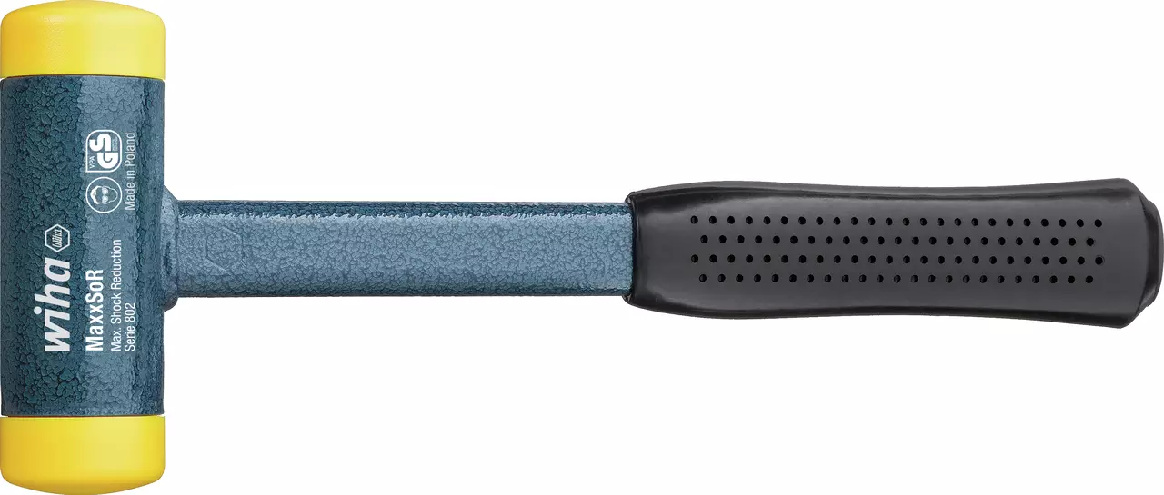 Non-rebound mallet with yellow ends and textured blue handle