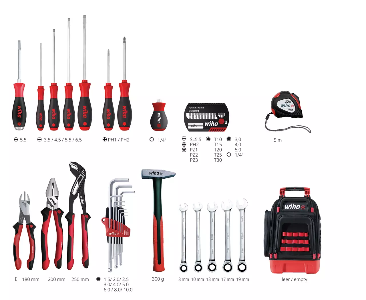 Tool set with screwdrivers, pliers, hex keys, hammer, wrenches, tape measure, and backpack