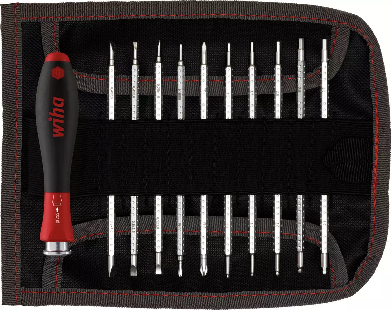 Tool set with a handle and multiple interchangeable bits in a black fabric pouch.