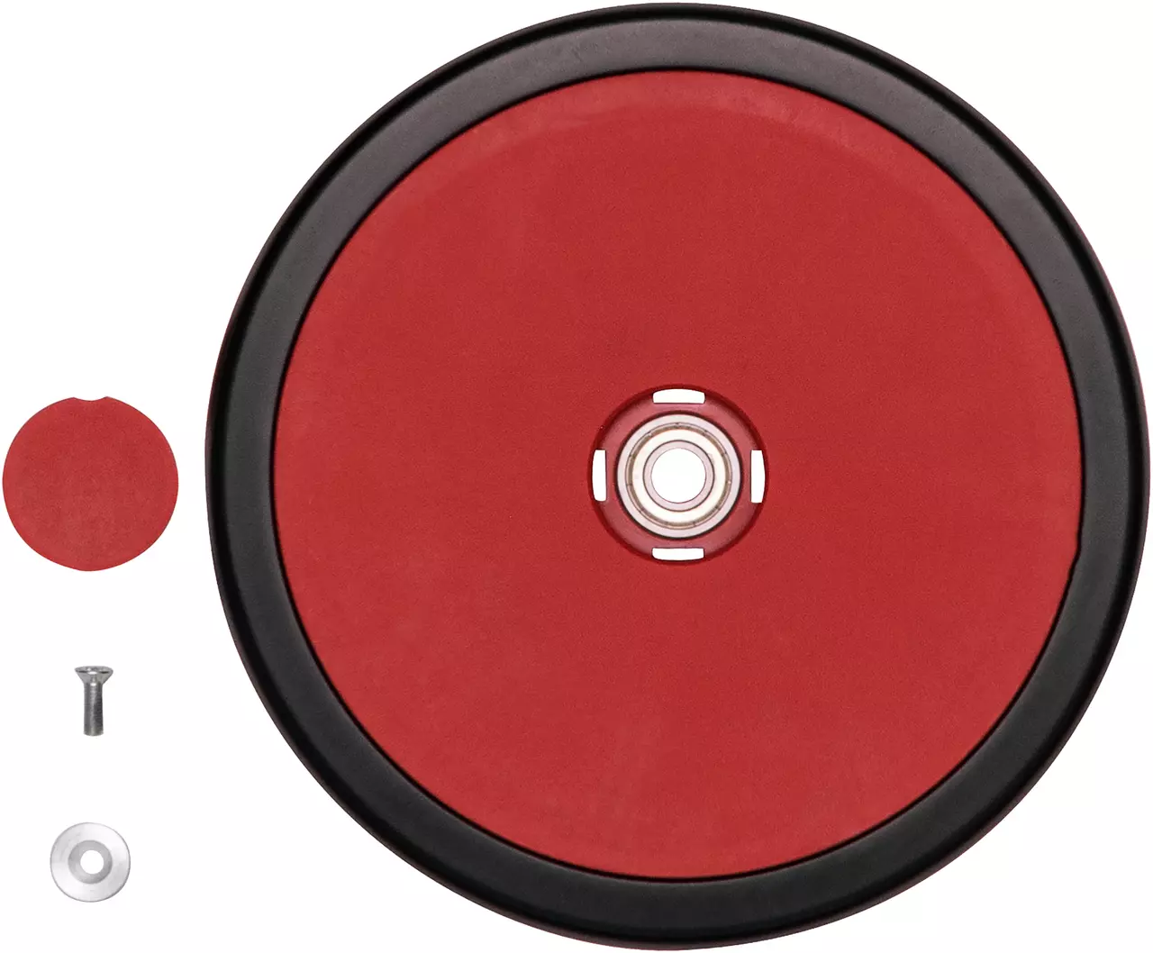 Red wheel with black rim, metal center, screw, and washer