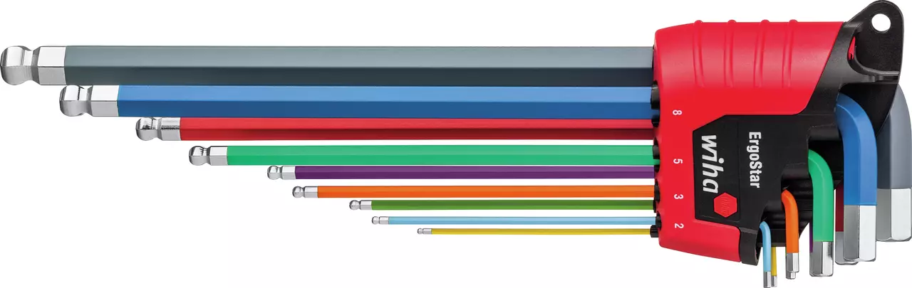 Colorful set of hex keys in a red holder, arranged by size.