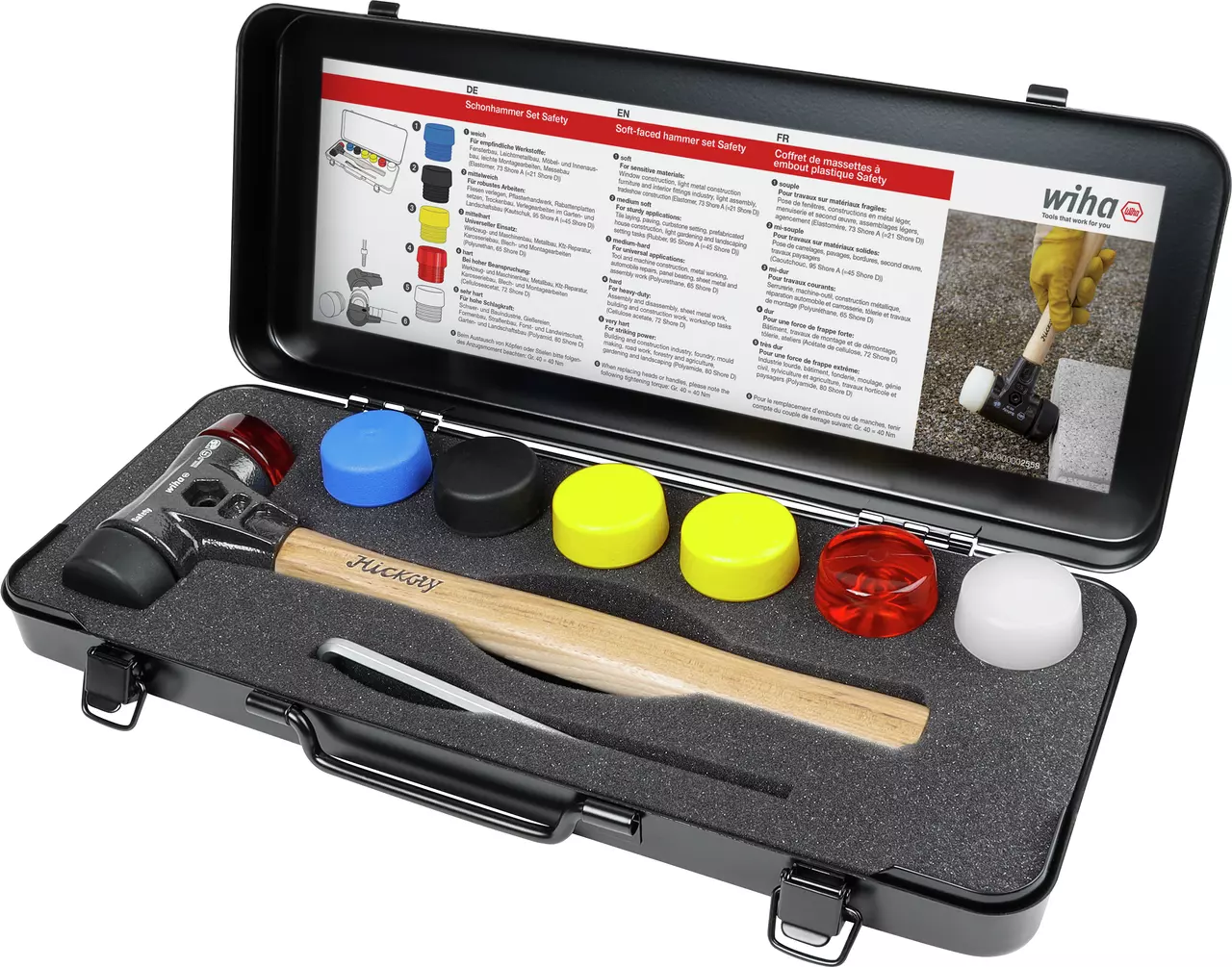 Soft-faced hammer set with interchangeable heads in a black case.