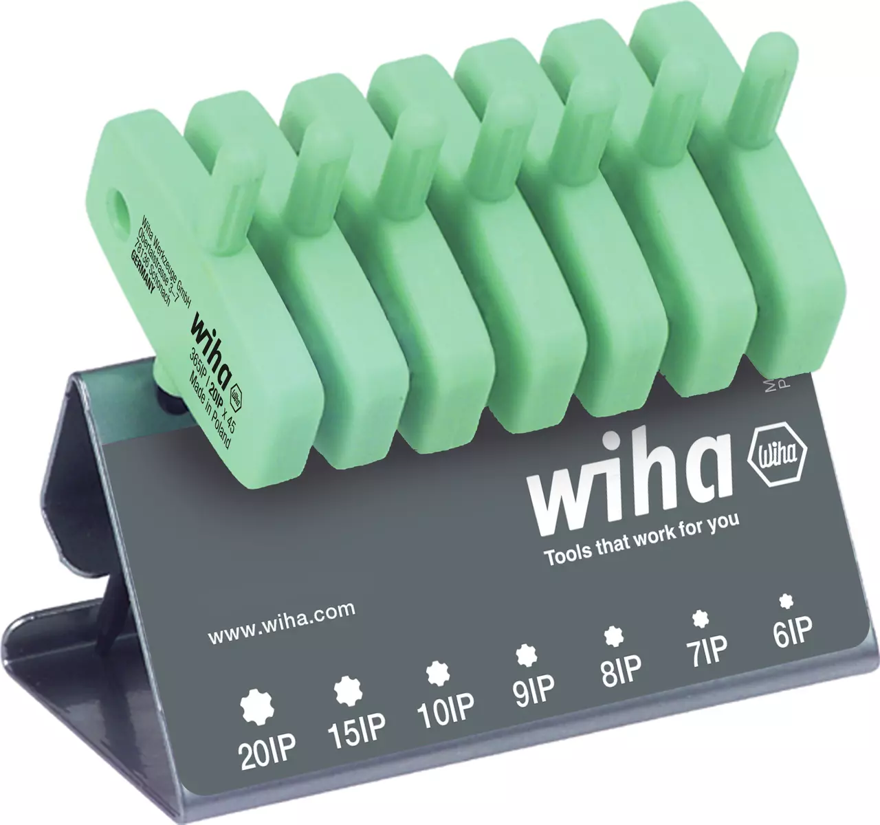Green Torx key set in a metal stand, marked with sizes 6IP to 20IP.