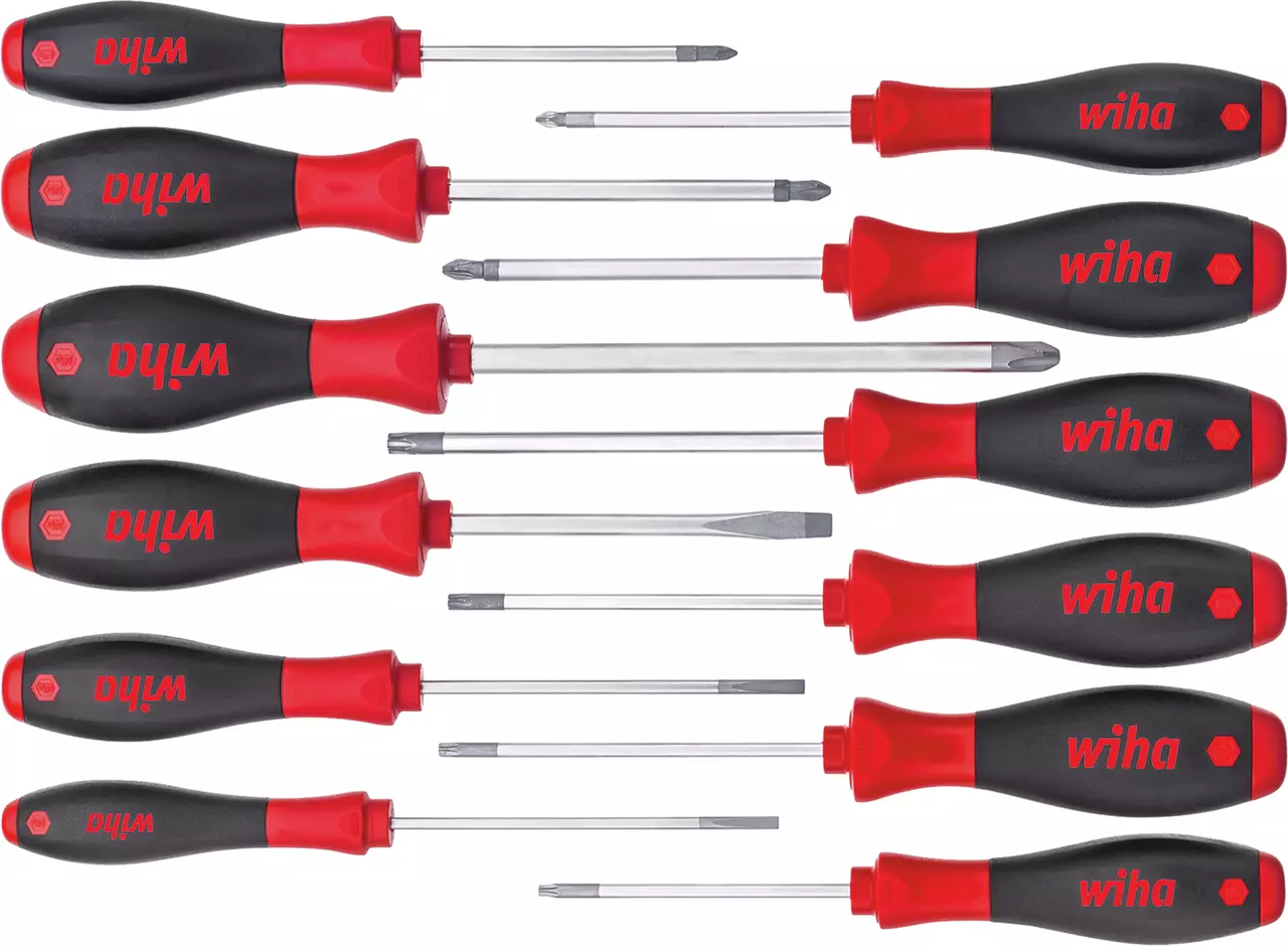 Set of twelve red and black screwdrivers with various heads