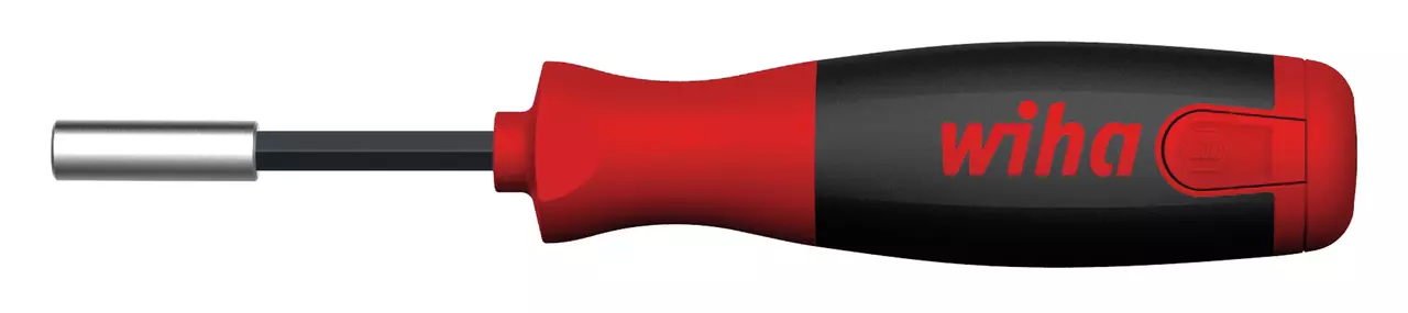 Red and black screwdriver with a metal bit holder