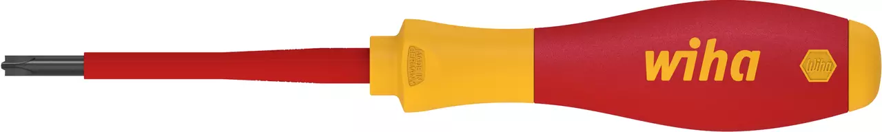 Tournevis électrique isolé avec manche rouge et jaune, embout plat et cruciforme.