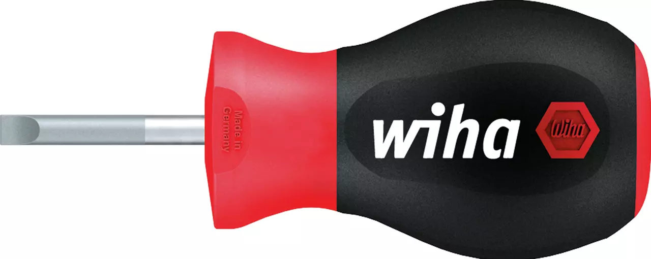Stubby screwdriver with black handle and red accents, flat blade tip.