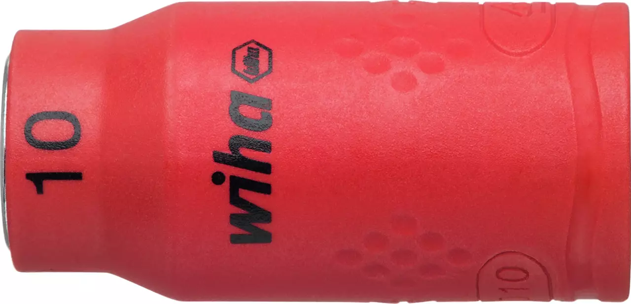 Red insulated socket wrench attachment, 3/8 inch, with "wiha" logo.