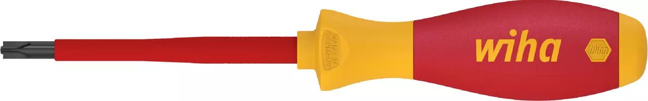 Red and yellow insulated screwdriver with flat and cross tip, ergonomic handle.