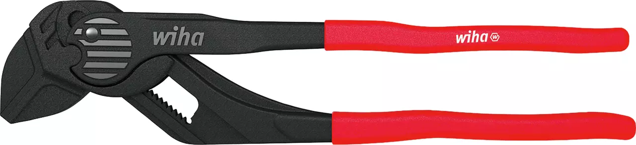 Adjustable pliers with red handles and black jaws.
