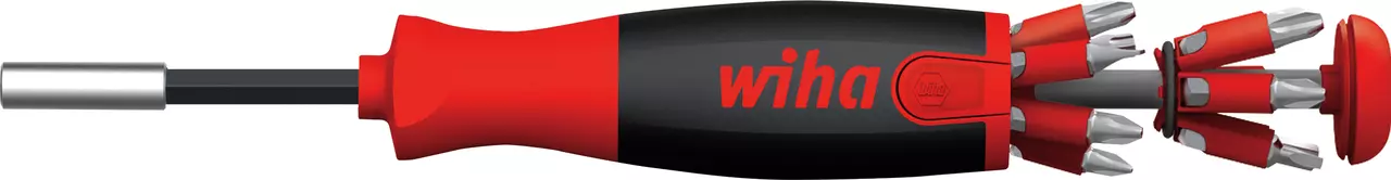 Red and black screwdriver with multiple bits stored in an open handle