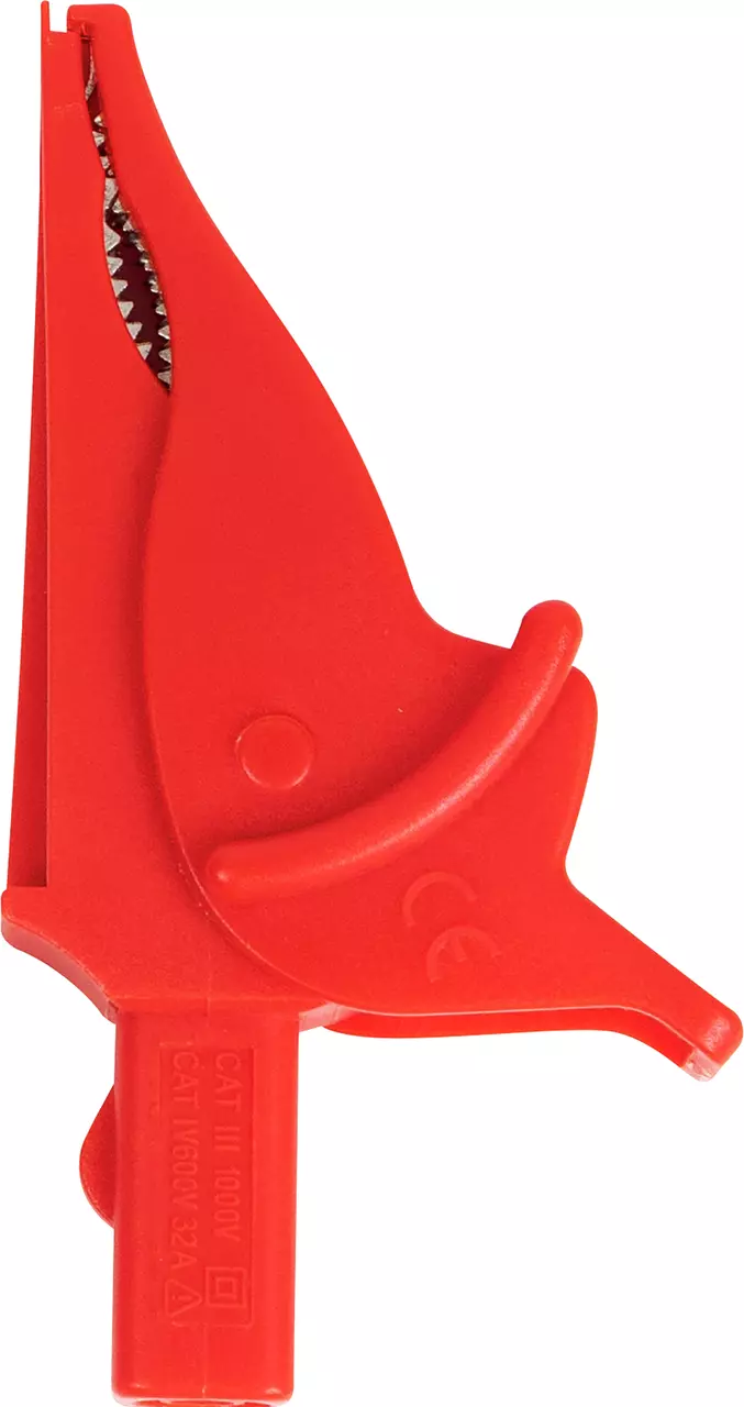 Red plastic crocodile clip with serrated jaws.