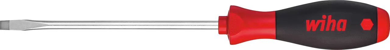 Screwdriver with a black and red handle, slotted tip.