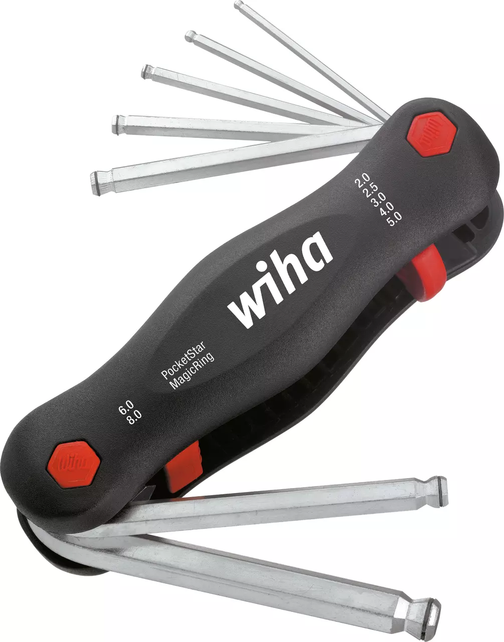 Folding hex key set with black handle and multiple silver keys extended.