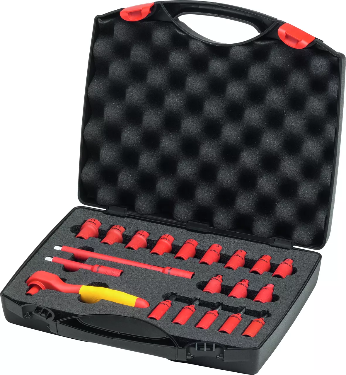 Tool set in black case with red and yellow handles, multiple attachments, foam inlay