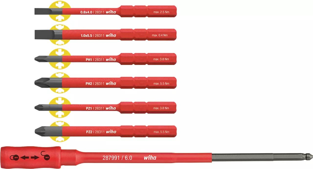 Red electric screwdriver set with interchangeable slim bits