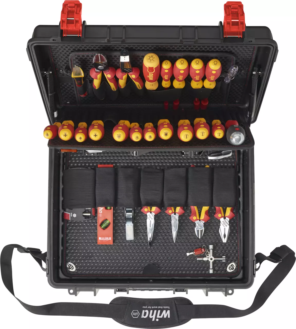 Black tool case with assorted insulated screwdrivers and pliers, open to show contents.