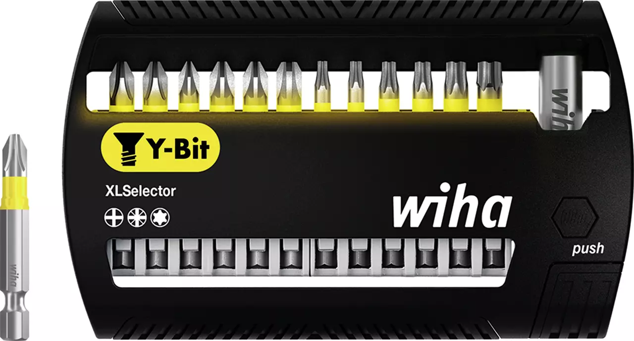 Bit set in a black case with yellow accents, containing various screwdriver bits.