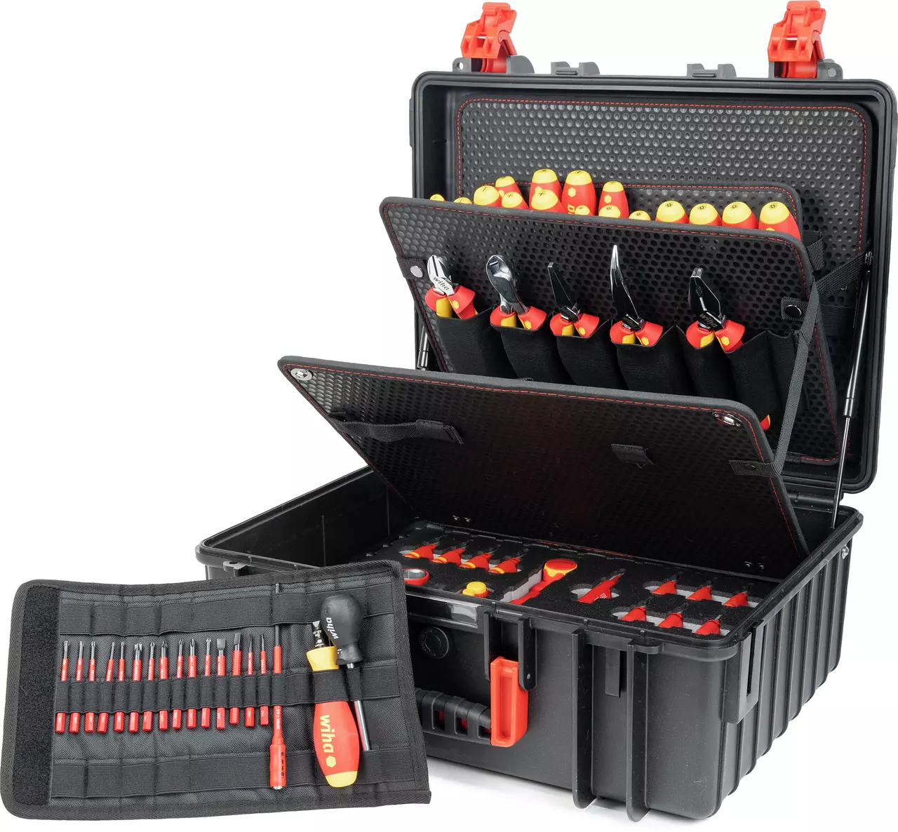 Black tool case with assorted red-handled screwdrivers and tools arranged inside.