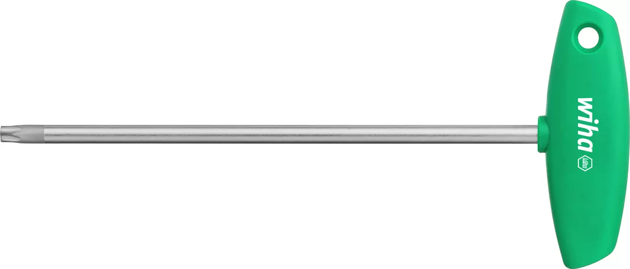 Green T-handle wrench with a long metal shaft.