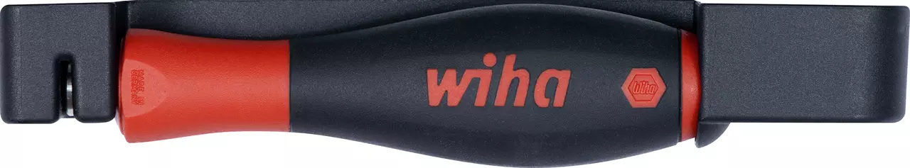 Ratchet screwdriver with black handle and red accents.