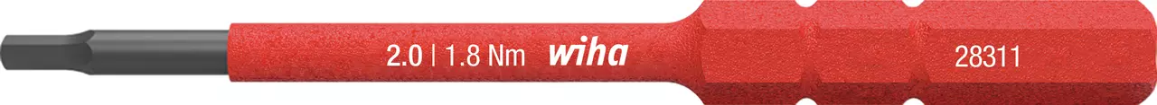 Red and black hexagonal screwdriver bit with white text.