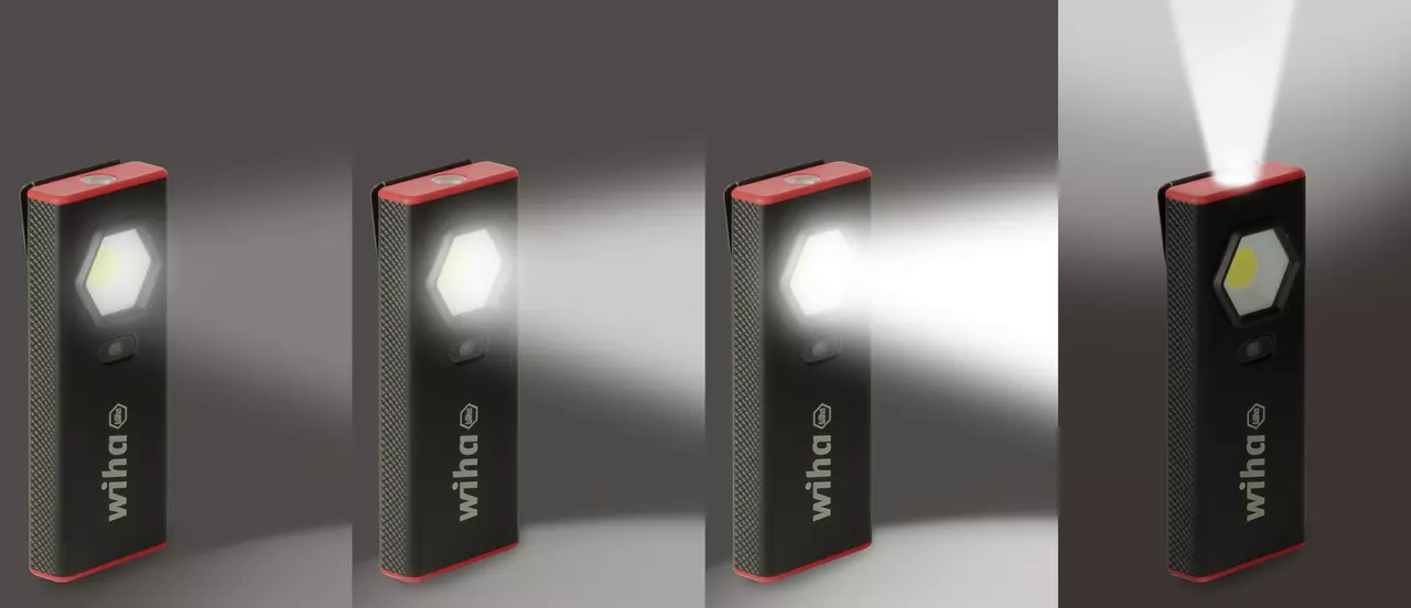 Schwarz-rote Handlampe mit sechseckigem LED-Licht und Logo.