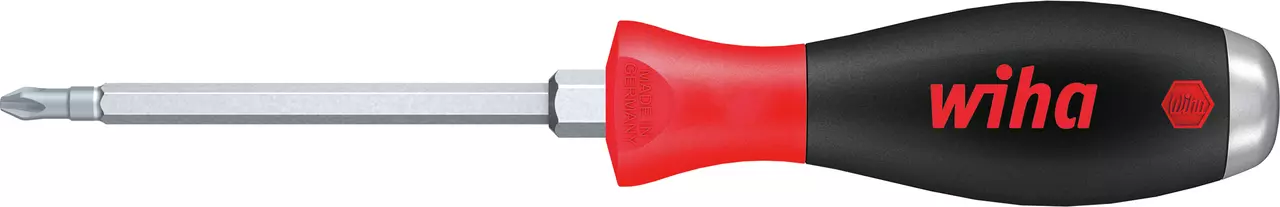 Screwdriver with black and red handle, steel cap, and Phillips head tip.