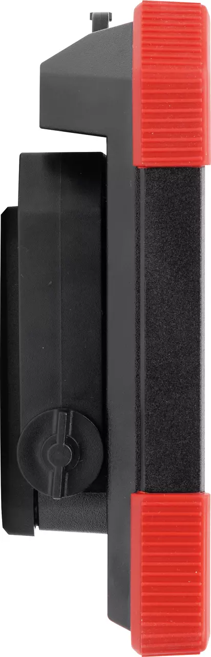 Black and red contour gauge with adjustment knob, viewed from the side.