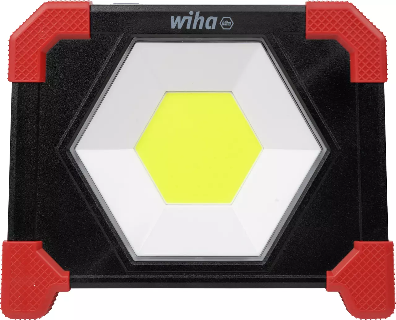 Black LED work light with hexagonal yellow center and red corner accents.