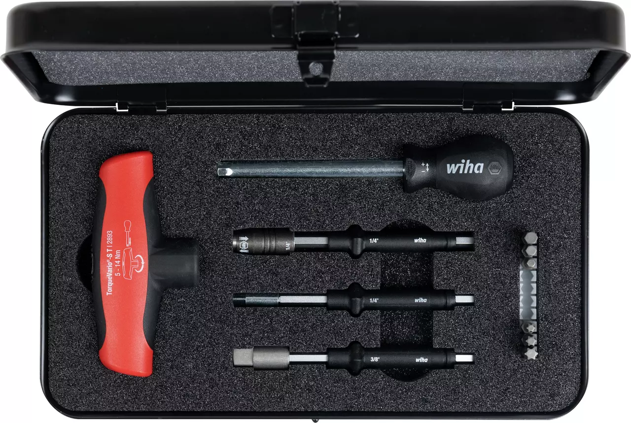 Tool set in a case with a red torque handle, screwdriver, and various bits.