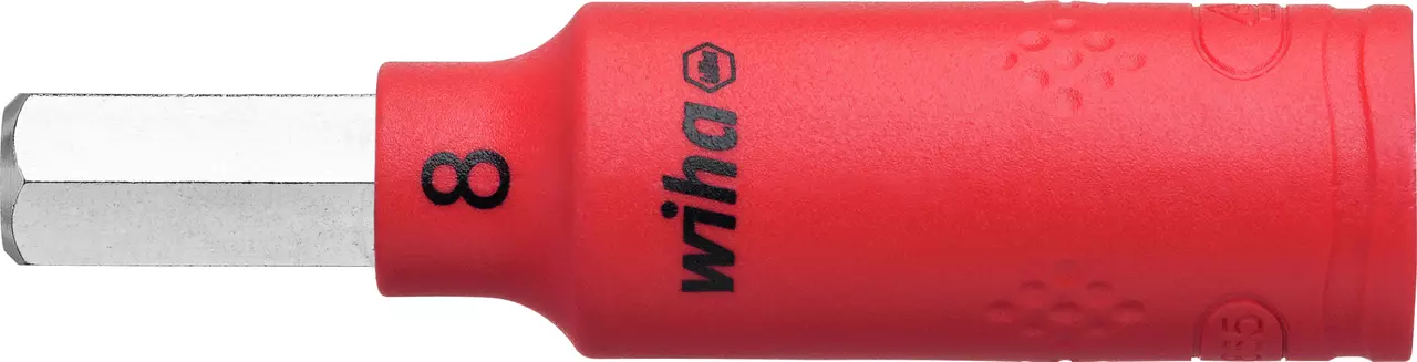 Red insulated socket wrench with hexagonal tip and "8" marking.