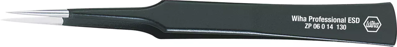 Black precision tweezers with pointed metal tips and "Wiha Professional ESD" text